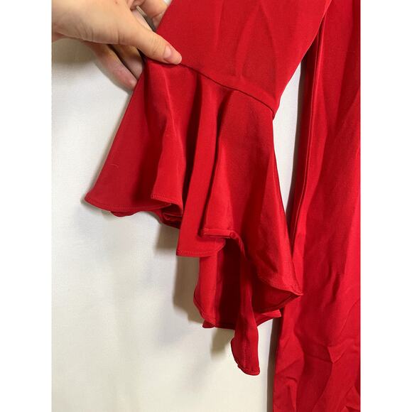 ALEXIS Hazel Bell Sleeve Asymmetric Ruffle Silk Midi Dress Red Size M $565 - Picture 4 of 15